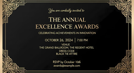 Elegant Art Deco invitation template design in black and gold for a formal gala, awards night, or sophisticated celebration