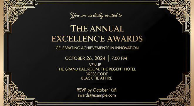 Elegant Art Deco invitation template design in black and gold for a formal gala, awards night, or sophisticated celebration