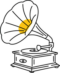 Vintage gramophone playing music with a bright yellow sun accent