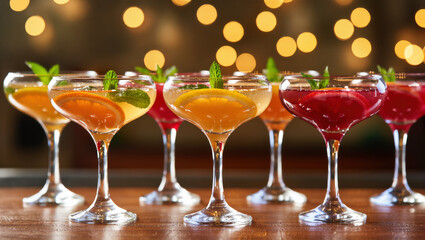 Christmas cocktails in elegant coupe glasses with citrus slices and mint, served on wooden surface with festive glowing lights