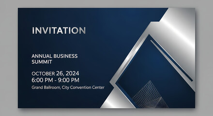 Elegant corporate event invitation template with a modern dark blue and silver geometric design for a professional business summit