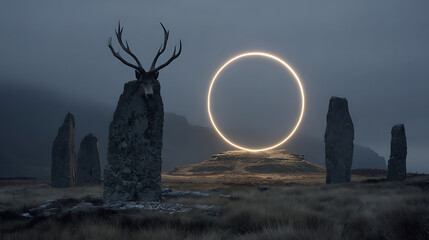 Deer skull standing stones glowing portal landscape fantasy art mystical scene nature photography wallpaper