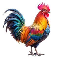 Fototapeta premium A vividly colored rooster standing against a black background with its tail feathers displayed proudly