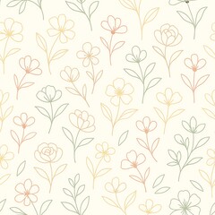 Pastel Floral Pattern, Seamless Line Art Design, Soft Colors, Botanical Background