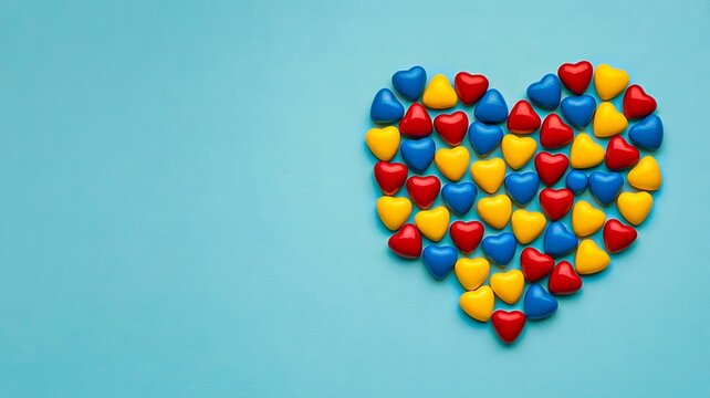 Colorful candy heart made of red yellow and blue sweets on blue background
- Powered by Adobe