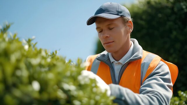 Postman cleaning sleeve after brushing against hedge while reading