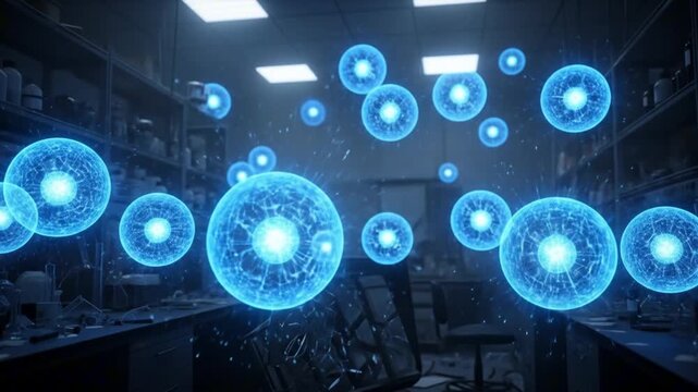 A science lab features floating glowing blue orbs with complex weblike structures set against shelves of lab equipment