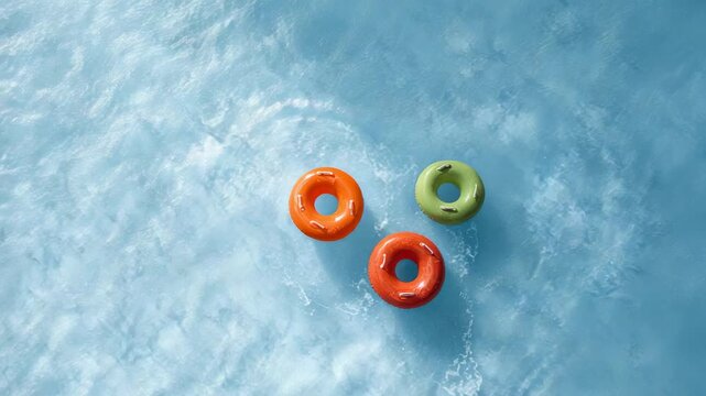 Three colorful inflatable rings gently float on a rippling water surface, creating a vibrant and playful scene, isolated on a white background