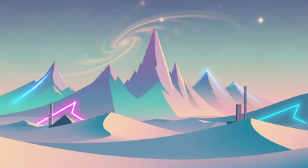 Minimalist futuristic alien desert with sharp mountain peaks, glowing neon accents, and a calm cosmic sky.