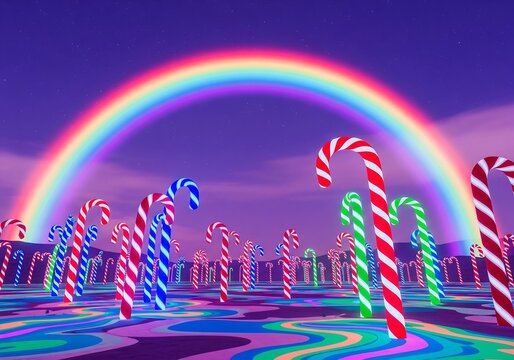 A fantastical landscape with candy canes and a rainbow in a surreal, vibrant, and colorful dreamscape