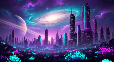 Futuristic sci-fi alien world with neon glowing plants, towering cyberpunk skyscrapers, and a cosmic galaxy sky.