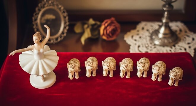Ballet dancer figurine with a line of elephants on a red cloth.