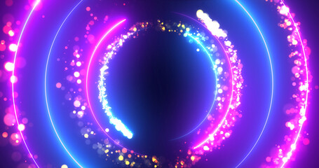 Lens flare particles neon circles moving glowing on dark background. Glittering energetic portal faith futuristic presentation bg. Mystical nebula galaxy colors lighting, space ethereal spiritual.