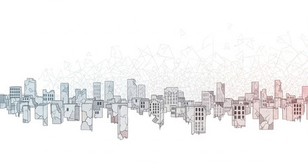 Obraz premium Abstract cracked city skyline illustration. Minimal artistic illustration of cracked and fragmented urban skyline on white background