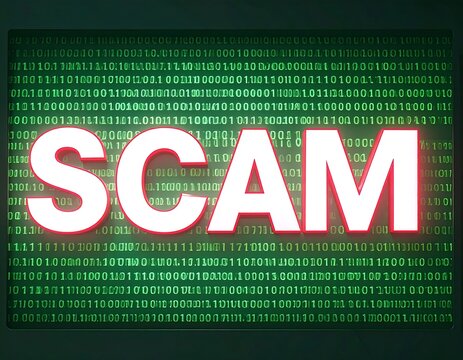 Digital display showing the word "SCAM" in red/white against a background of binary code