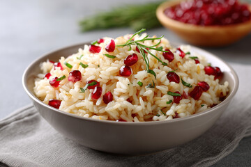 Delicious rice dish with pomegranate seeds and herbs served in a bowl