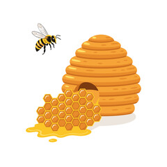 A bee flying near a beehive and honeycomb filled with delicious honey on a white background