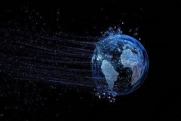 Water splashing around a rotating globe representing global connectivity and technology during a digital transformation