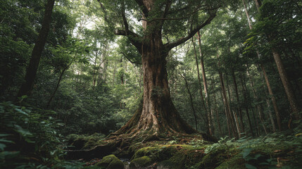 Fototapeta premium A large tree with exposed roots in a dense forest with green foliage and mossy rocks on the ground