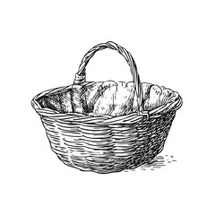 Fototapeta premium Woven basket engraving with handle. Rustic container illustration with detailed weaving and textured engraving.