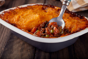 Cottage pie with sweet potato mash topping.
