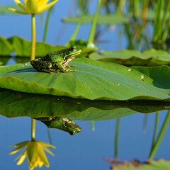 Green frog on lily pad, reflected in water