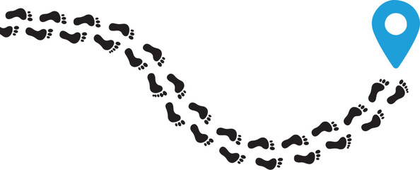 footprints, path, trail, journey, walk, steps, track, direction, destination, location, pin, map, marker, navigation, travel, concept, graphic, design, flat, vector, black, blue, white background