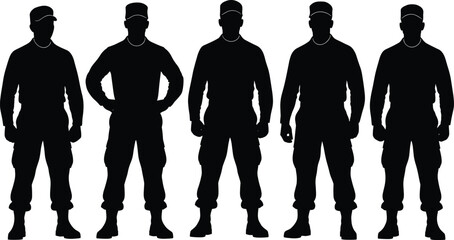 Silhouette of five soldiers standing in uniform, military team, tactical personnel, combat-ready stance, army men, security force, defense unit, disciplined team, military strength