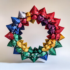 Obraz premium Vibrant origami wreath crafted from various colored paper shapes, including red, green, blue, and gold, beautifully representing the festive spirit of Christmas and New Year celebrations