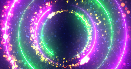 Lens flare particles neon circles moving glowing on dark background. Glittering energetic portal faith futuristic presentation bg. Mystical nebula galaxy colors lighting, space ethereal spiritual.