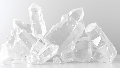Obraz premium Clear quartz crystals arranged on a white reflective surface 