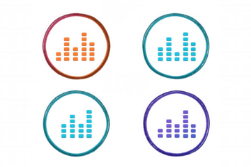 Vibrant audio level meter icons glowing within circular frames, symbolizing sound volume measurement against transparent backdrop