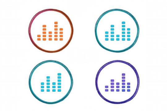 Vibrant audio level meter icons glowing within circular frames, symbolizing sound volume measurement against transparent backdrop