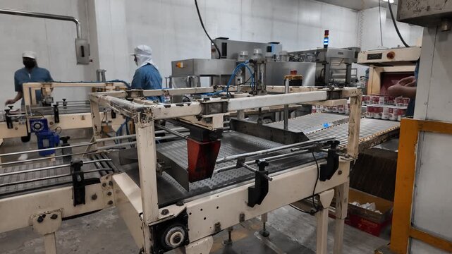 Factory Production Line: Workers operate complex machinery on an automated food processing production line, showcasing efficiency and industrial manufacturing in a clean, sterile environment.