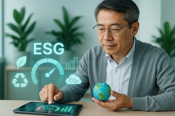 A person studying ESG indicators with digital tablet and world globe