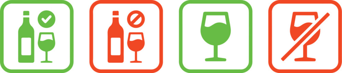 alcohol, drink, bottle, wine glass, prohibition, approval, no, yes, forbidden, allowed, icon, symbol, graphic, design, illustration, flat, simple, red, green, health, safety, rule, regulation, beverag