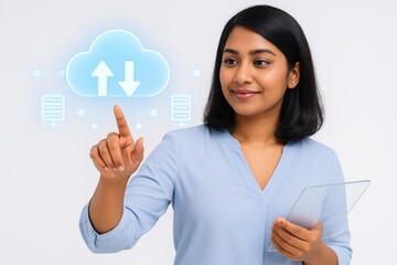 a woman interacting with a digital cloud, showcasing cloud technology