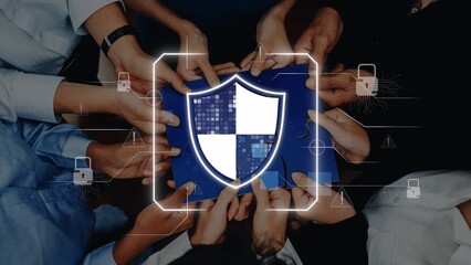 A diverse group of individuals join hands over a digital shield, symbolizing collaboration in cybersecurity. This image represents the importance of teamwork in data protection. Raster