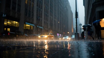 Rainy city street scene with reflections and pedestrians under umbrellas at night