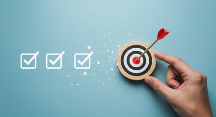 Achieving business goals and objectives with precise target hitting and successful task completion symbolized by a dart on a bullseye and checkmarks