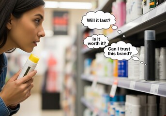 A thoughtful shopper examines products, reflecting customer doubts and trust issues before purchase —Customer Decision-Making: Trust, Value, and Product Comparison in Shopping