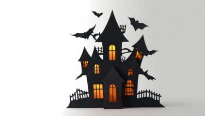 halloween silhouette house castle with pumpkin and bats on transparent background
