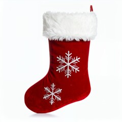 Festive crimson stocking adorned with snowflake embroidery, holiday decor on white background