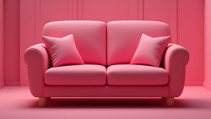 Fototapeta premium Chic pink sofa with plush pillows in a monochromatic modern studio setting