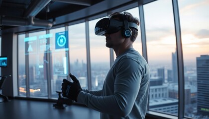 Young man using virtual reality headset in modern office space  