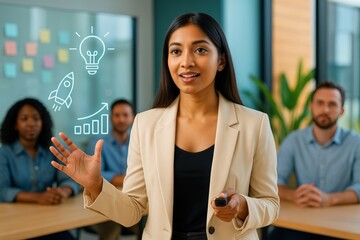 An inspiring presenter sharing ideas in a meeting. A woman confidently shares innovative ideas during a business presentation, with visual aids enhancing her message