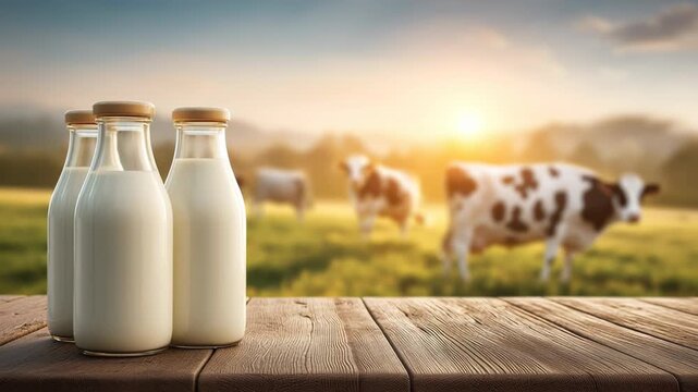 Bottles of fresh milk stand on a wooden table with grazing cows in the background. Concept of natural farm products and healthy eating.