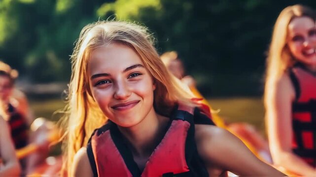 Smiling young girl in a red life jacket at an outdoor group activity.