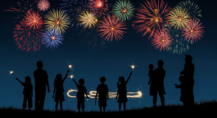 A crowd watches colorful fireworks light up the night sky