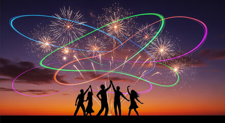 Silhouettes of people celebrating with fireworks and light trails